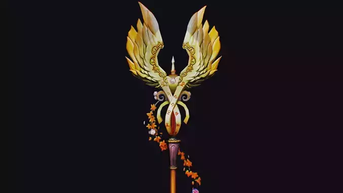 Magical Staff Magic Stick Fantasy Wand Golden Bird Wing Item Low-poly 3D model
