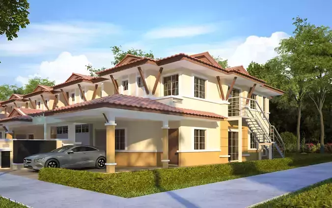 Tropical Suburban Terrace House 3D Scene