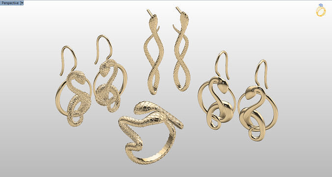 Golden Viper Ring and Earrings set 3D Model Collection