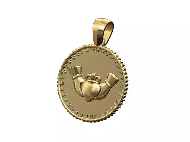 Claddagh heart crown notched pattern coin with bail