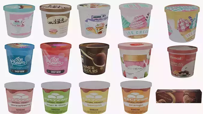 Realistic Ice Cream Pot 3D Model Colorful Flavors Low-poly 3D model