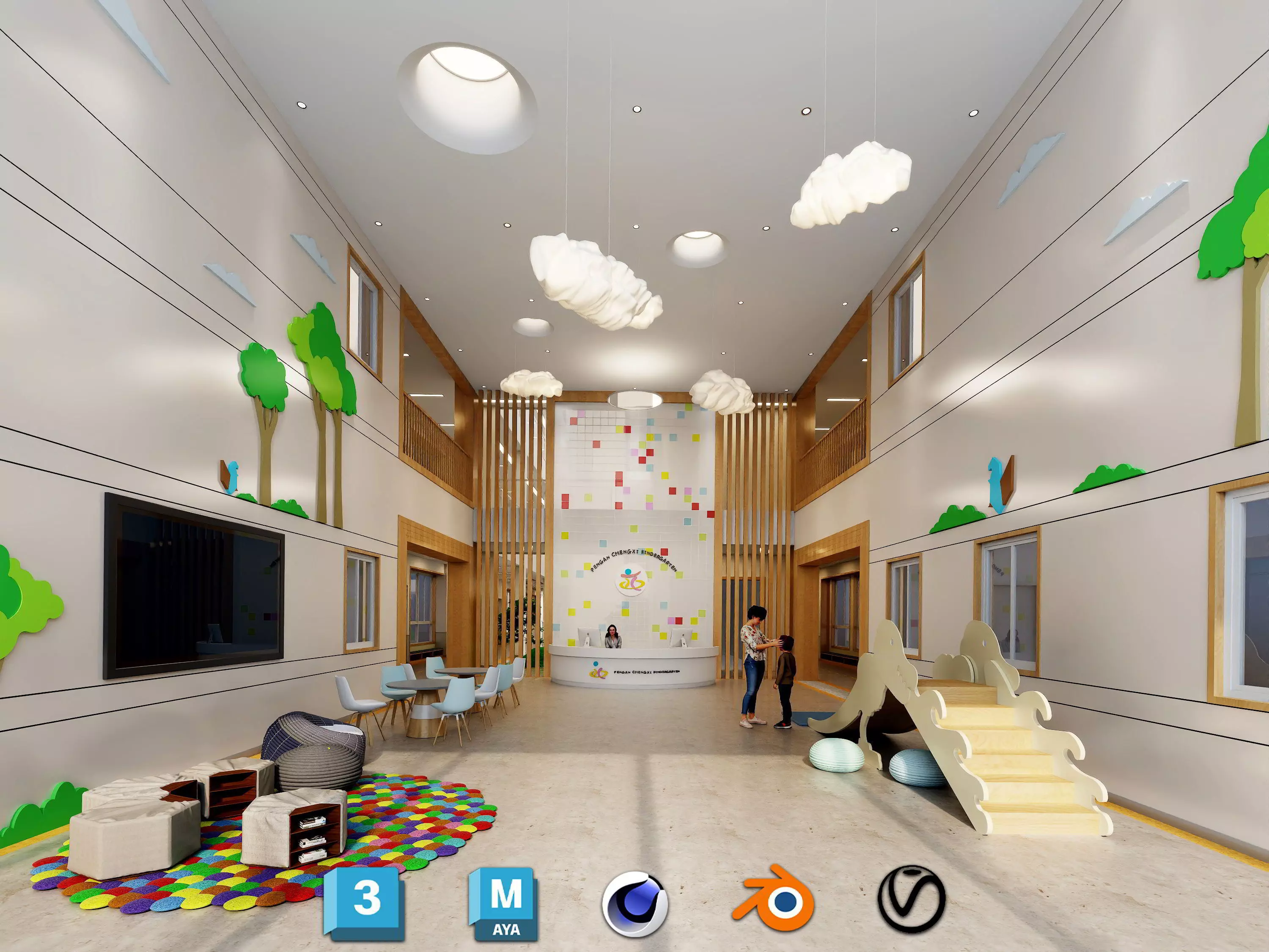 Kindergarten Hall 3D Model - Modular Preschool Interiors Low-poly 3D model_0