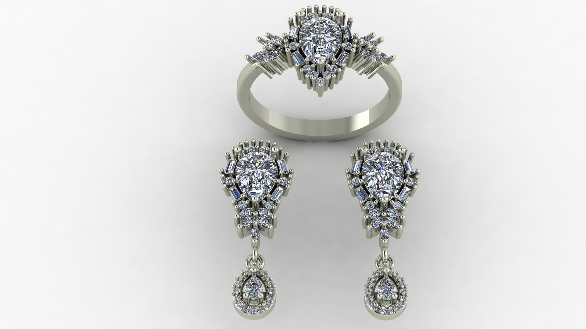 Pear baguette marquise and round cut diamond set 3D print model_2