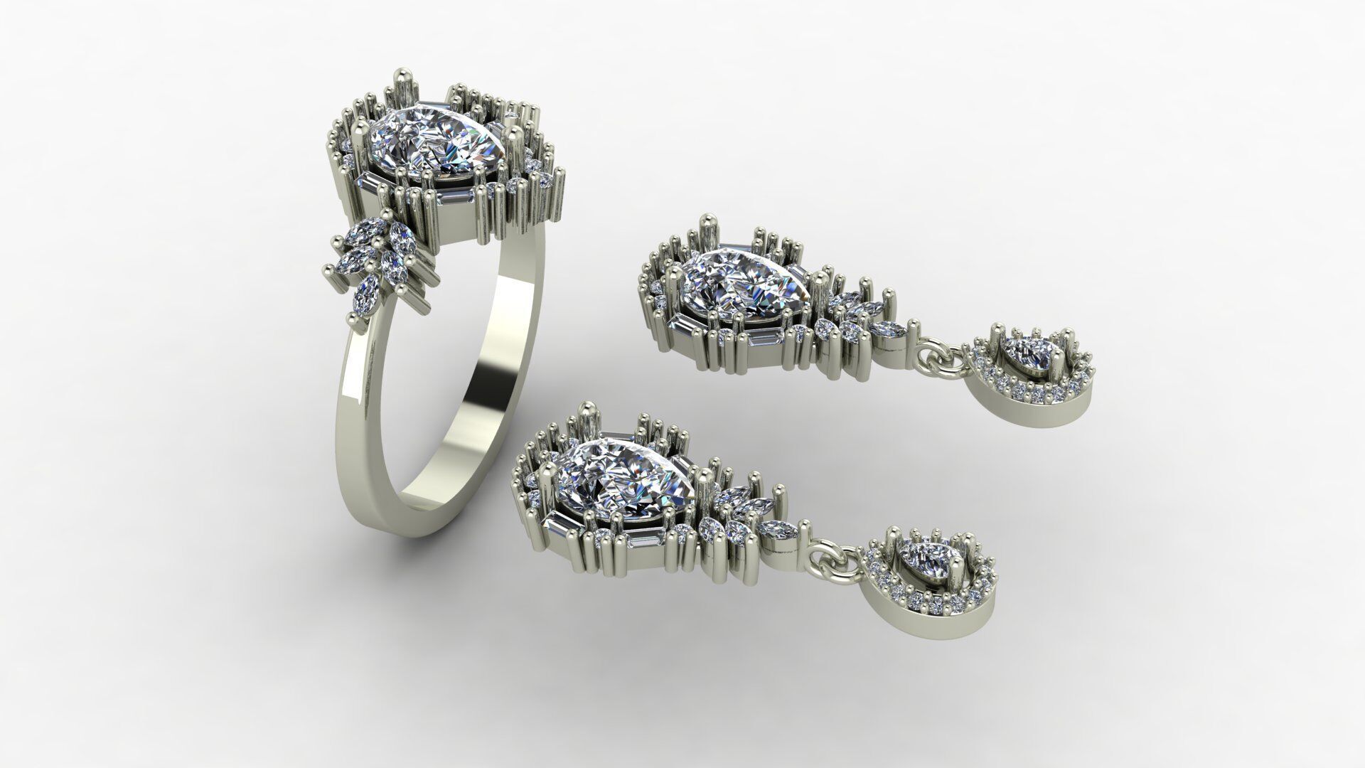 Pear baguette marquise and round cut diamond set 3D print model_1