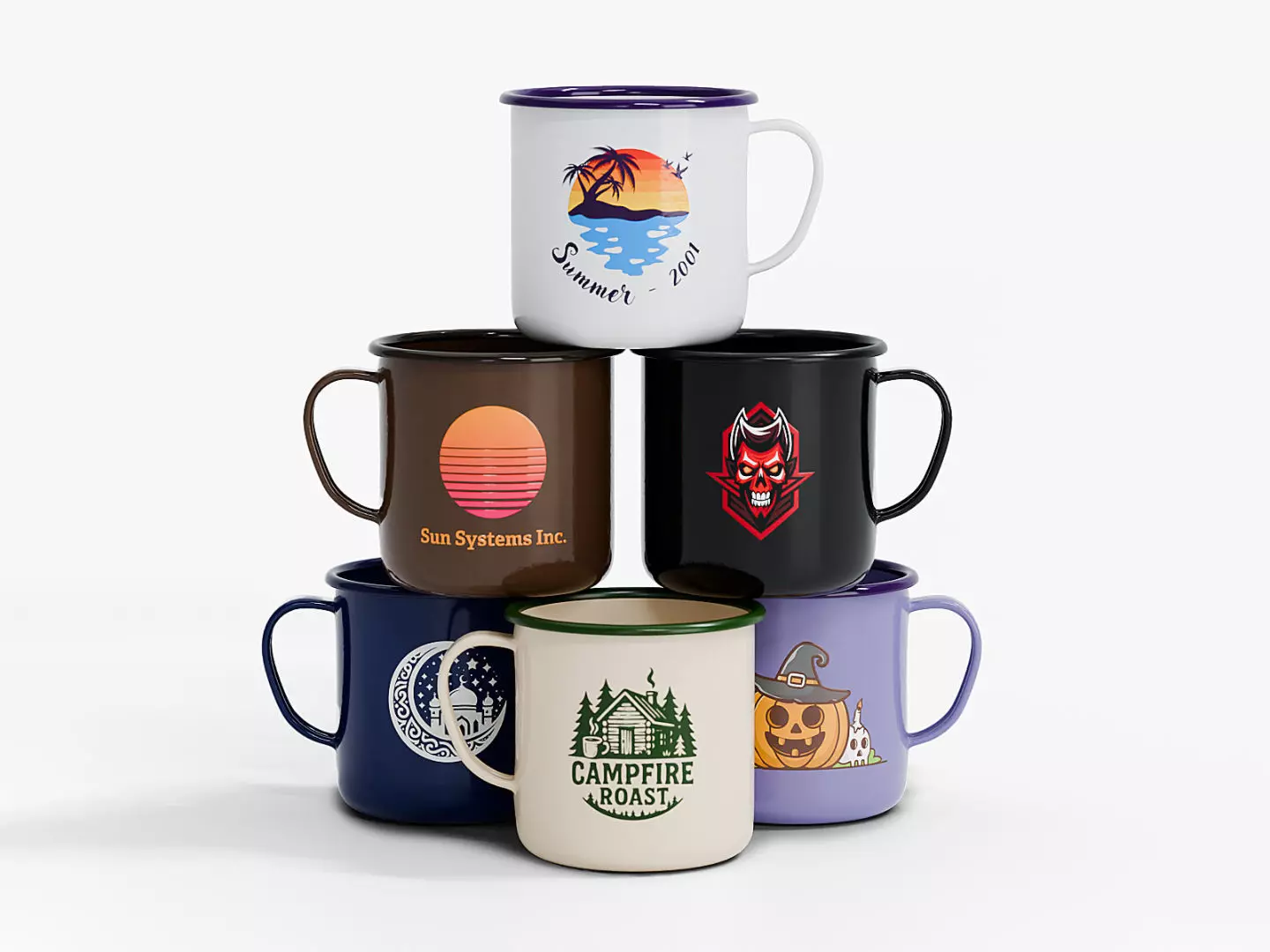 a collection of seven 3D models of enamelware cups Low-poly 3D model