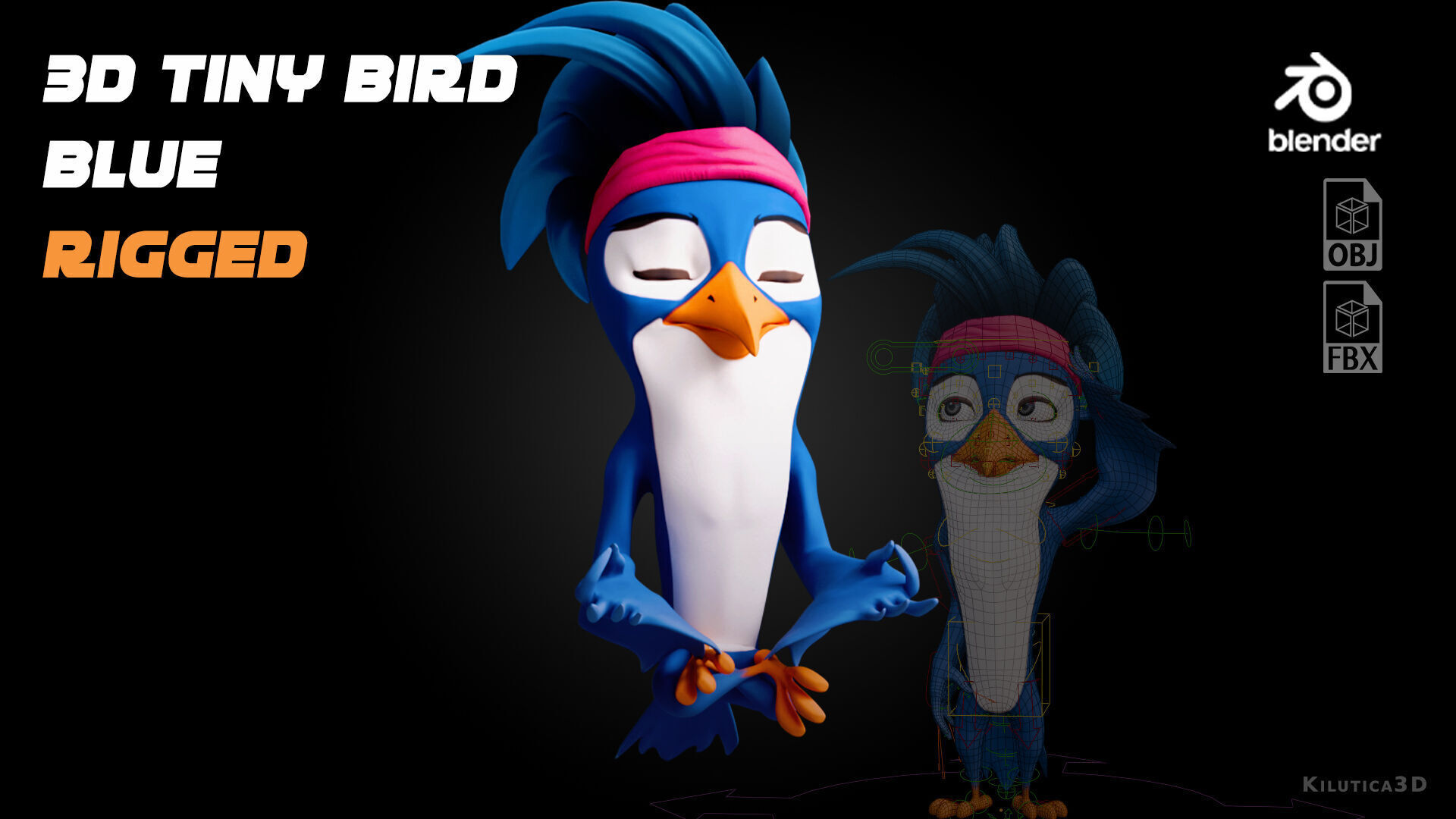 3D Blue - king fisher - Rigged Cartoon Bird Low-poly 3D model_18