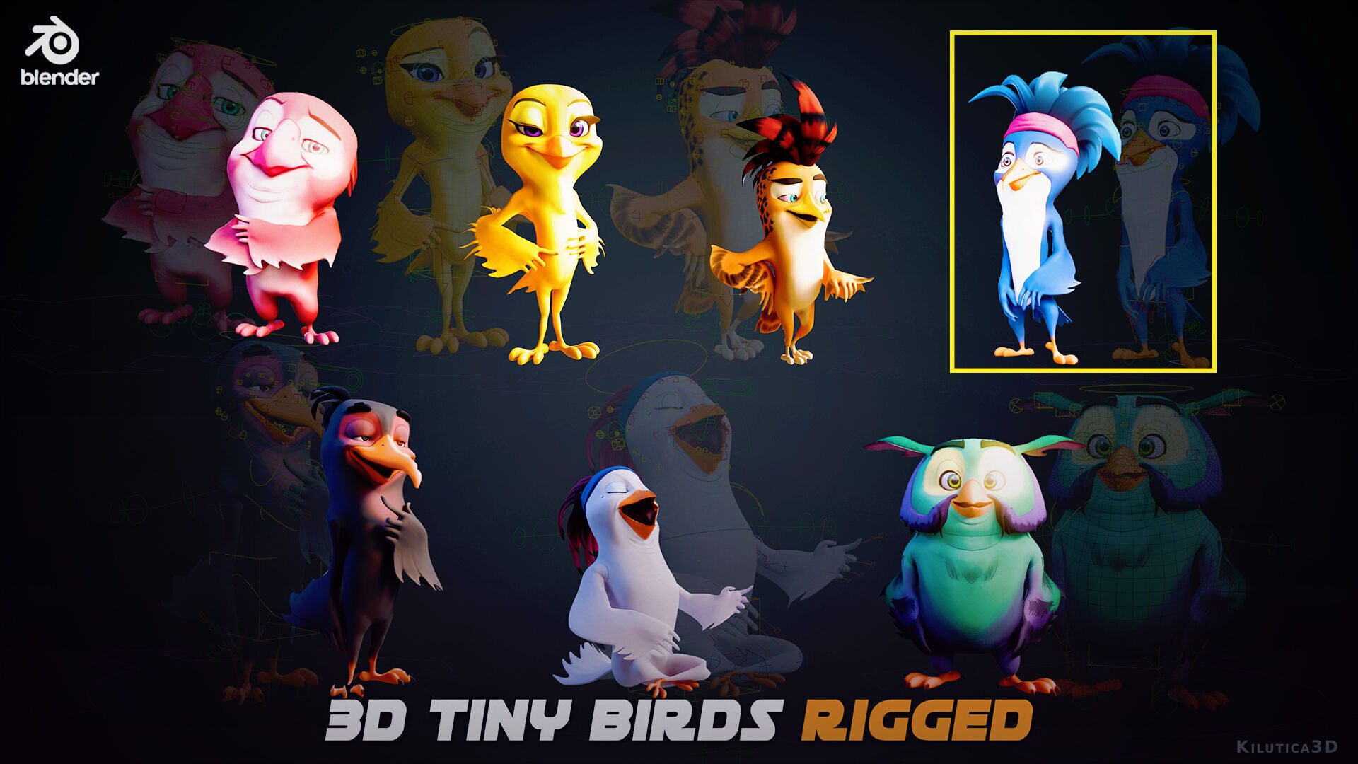 3D Blue - king fisher - Rigged Cartoon Bird Low-poly 3D model_3