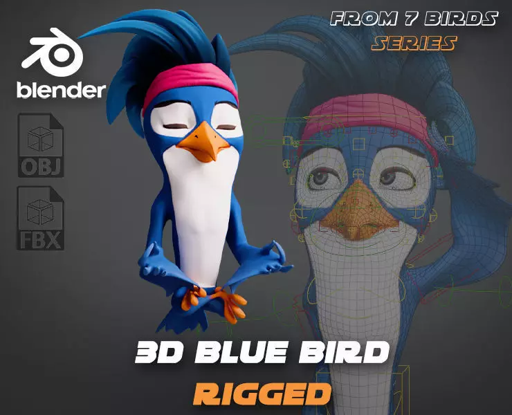 3D Blue - king fisher - Rigged Cartoon Bird Low-poly 3D model_0
