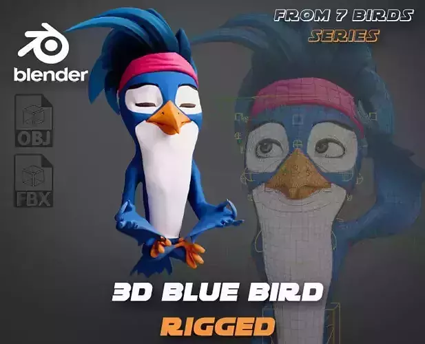 3D Blue - king fisher - Rigged Cartoon Bird Low-poly 3D model