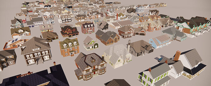 American suburbia set 150 houses with interiors 3D model 3