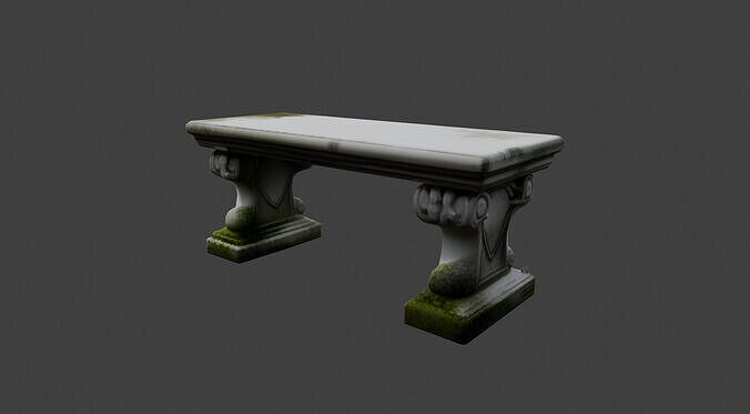 Ornate Mossy Stone Garden Bench 3D model 5