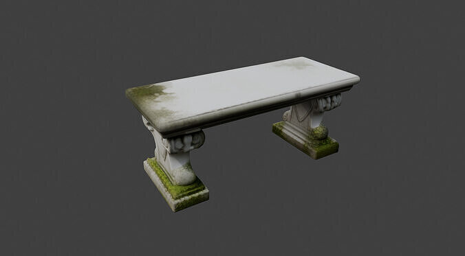 Ornate Mossy Stone Garden Bench 3D model 4