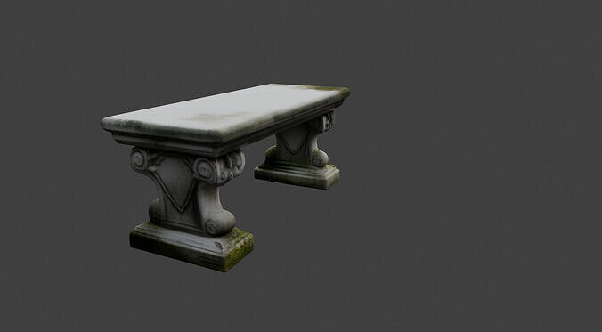 Ornate Mossy Stone Garden Bench 3D model 6