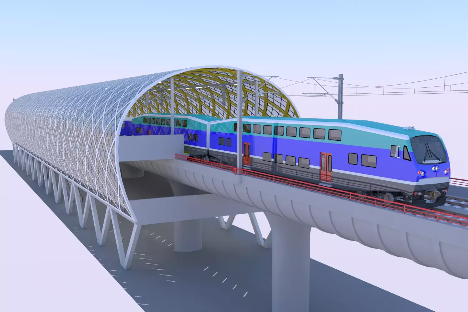 Elevated station with BiLevel train 3D model_0