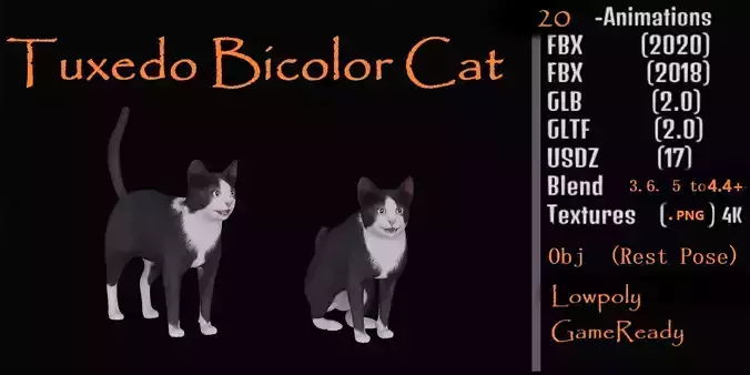Tuxedo Cat Low-poly 3D model