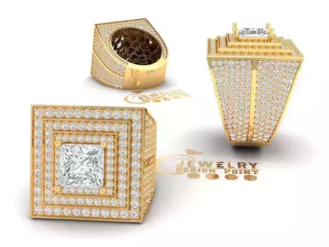 Custom Square Signet Diamond Pinky Ring - Princess Cut  3D print model