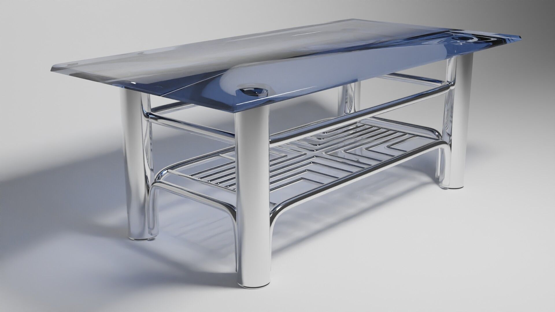 Futuristic Chrome Coffee Table with Maze-Grid Shelf 3D Model 3D model_1