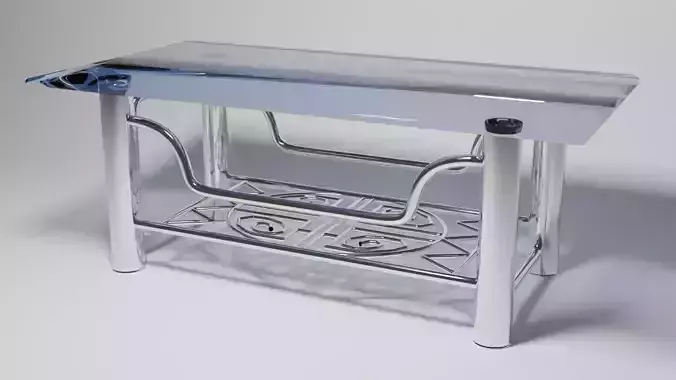 Futuristic Curved Chrome Table with Oval Maze Shelf 3D Model