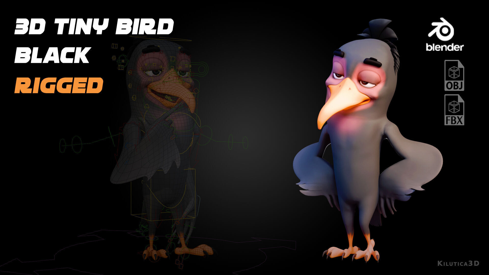 Chibi Crow - 3D Black - Rigged Cartoon Bird Low-poly 3D model_16