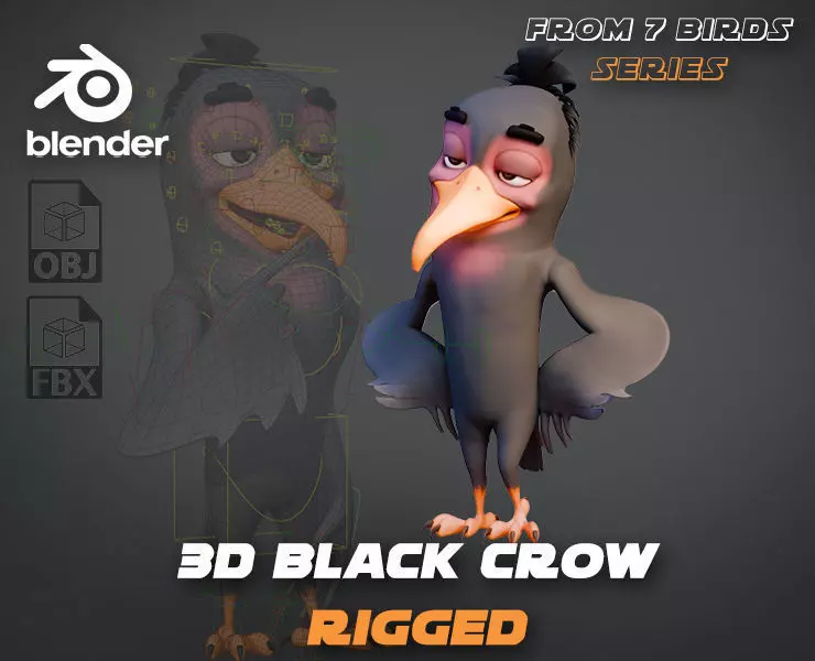 Chibi Crow - 3D Black - Rigged Cartoon Bird Low-poly 3D model_0