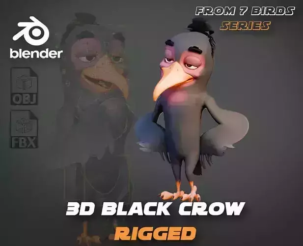 Chibi Crow - 3D Black - Rigged Cartoon Bird Low-poly 3D model Chibi Crow - 3D Black - Rigged Cartoon Bird Low-poly 3D model