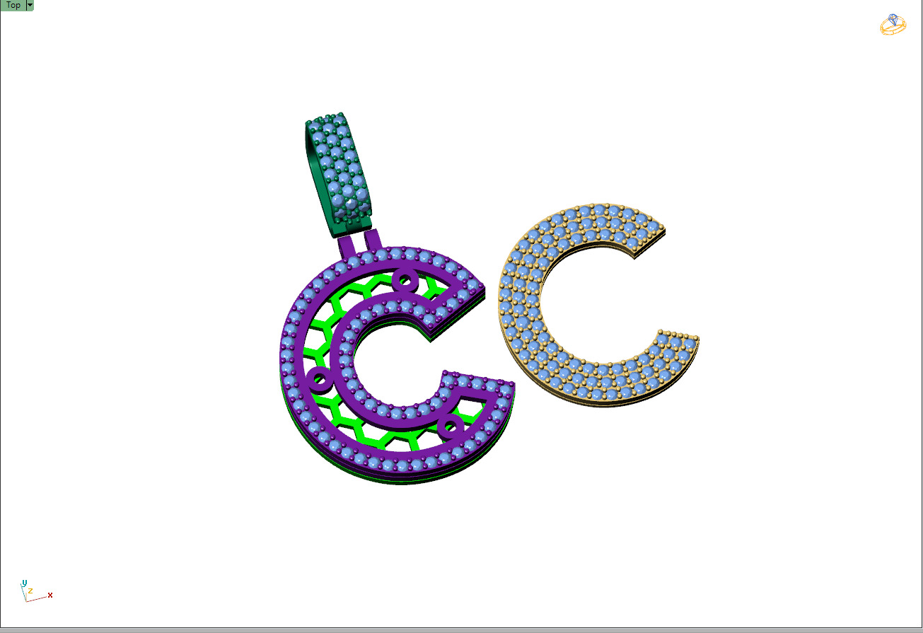 Custom Initial C Letter Diamond Pendant A to Z Alphabet Necklace 3D print model_9