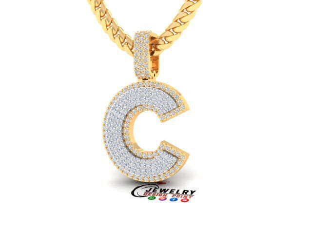 Custom Initial C Letter Diamond Pendant A to Z Alphabet Necklace 3D print model_3
