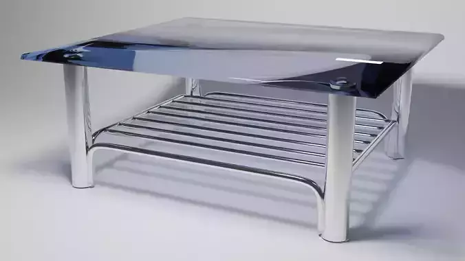 Minimalist Chrome Coffee Table with Slatted Shelf 3D Model