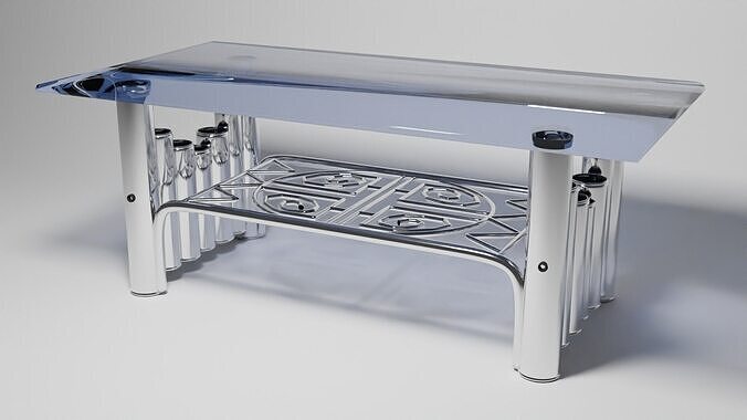 Futuristic Glass Coffee Table with Chrome Tribal Shelf Design 3D model
