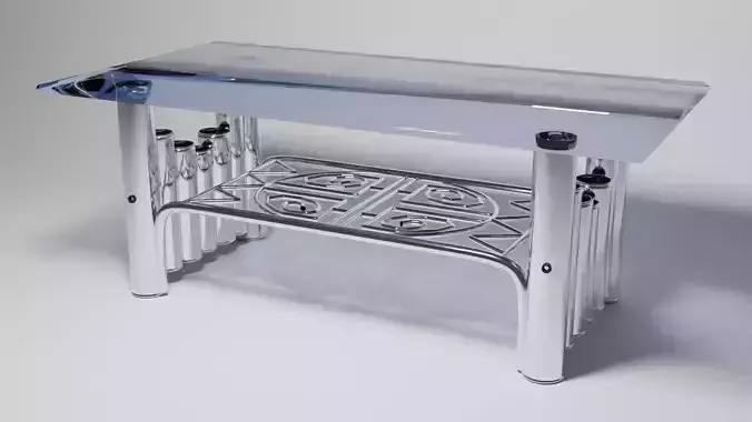 Futuristic Glass Coffee Table with Chrome Tribal Shelf Design