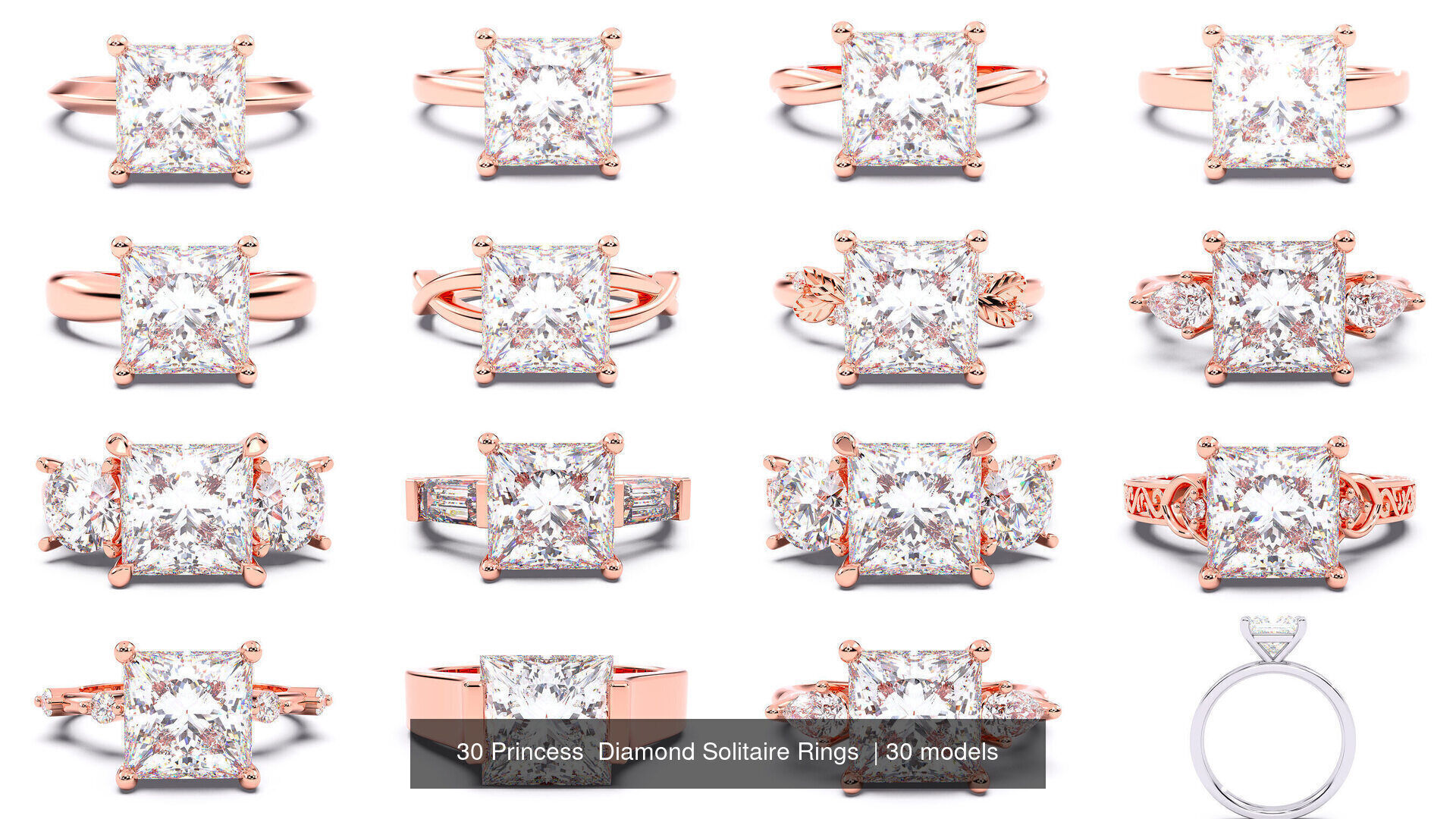 30 Princess  Diamond Solitaire Rings  3D Model Collection_1