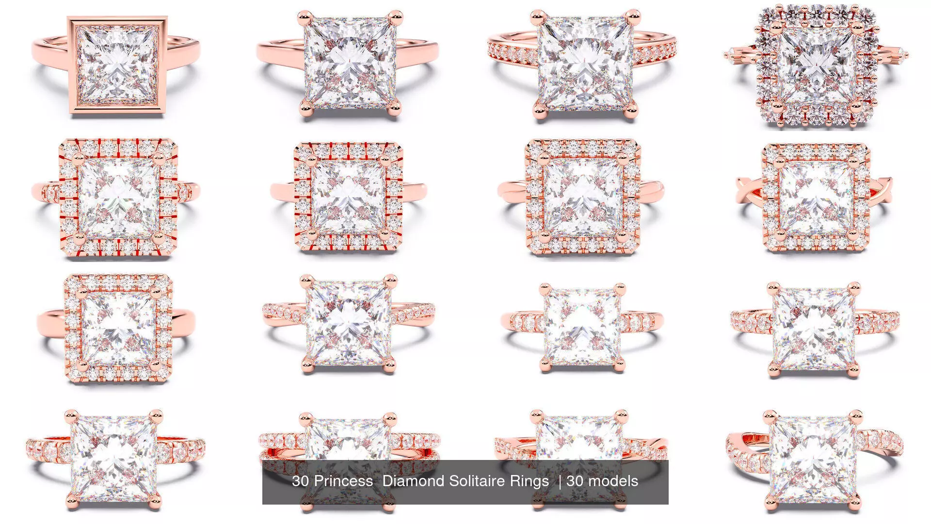 30 Princess  Diamond Solitaire Rings  3D Model Collection_0