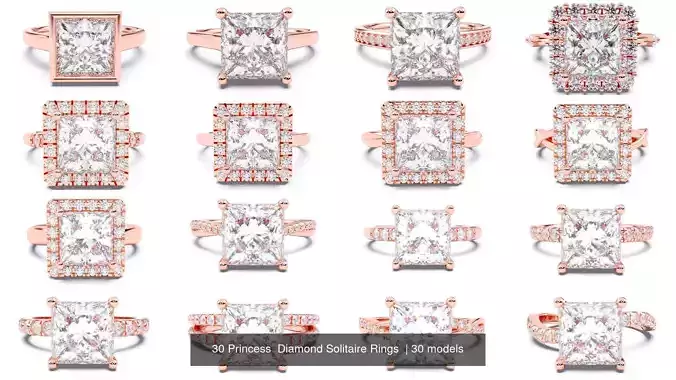 30 Princess  Diamond Solitaire Rings  3D Model Collection
