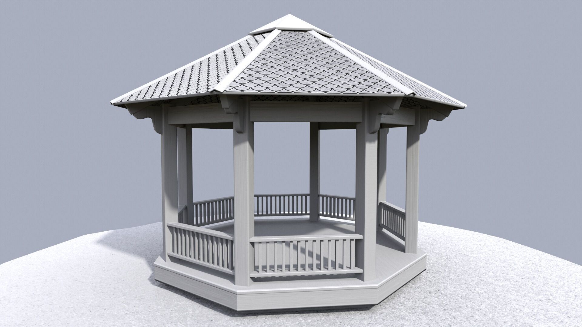 Wooden octagon gazebo house in garden Low-poly 3D model_11