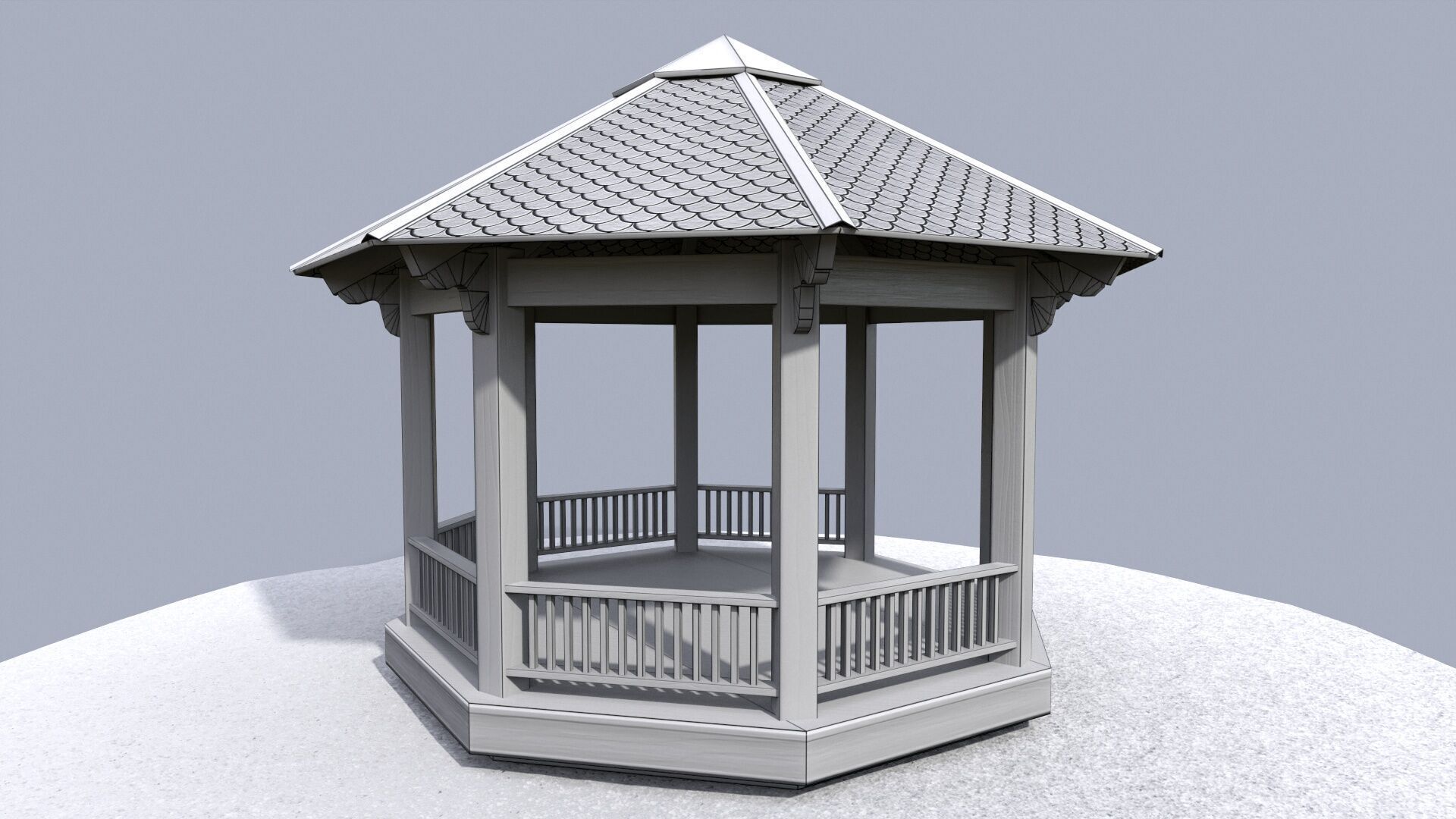 Wooden octagon gazebo house in garden Low-poly 3D model_19