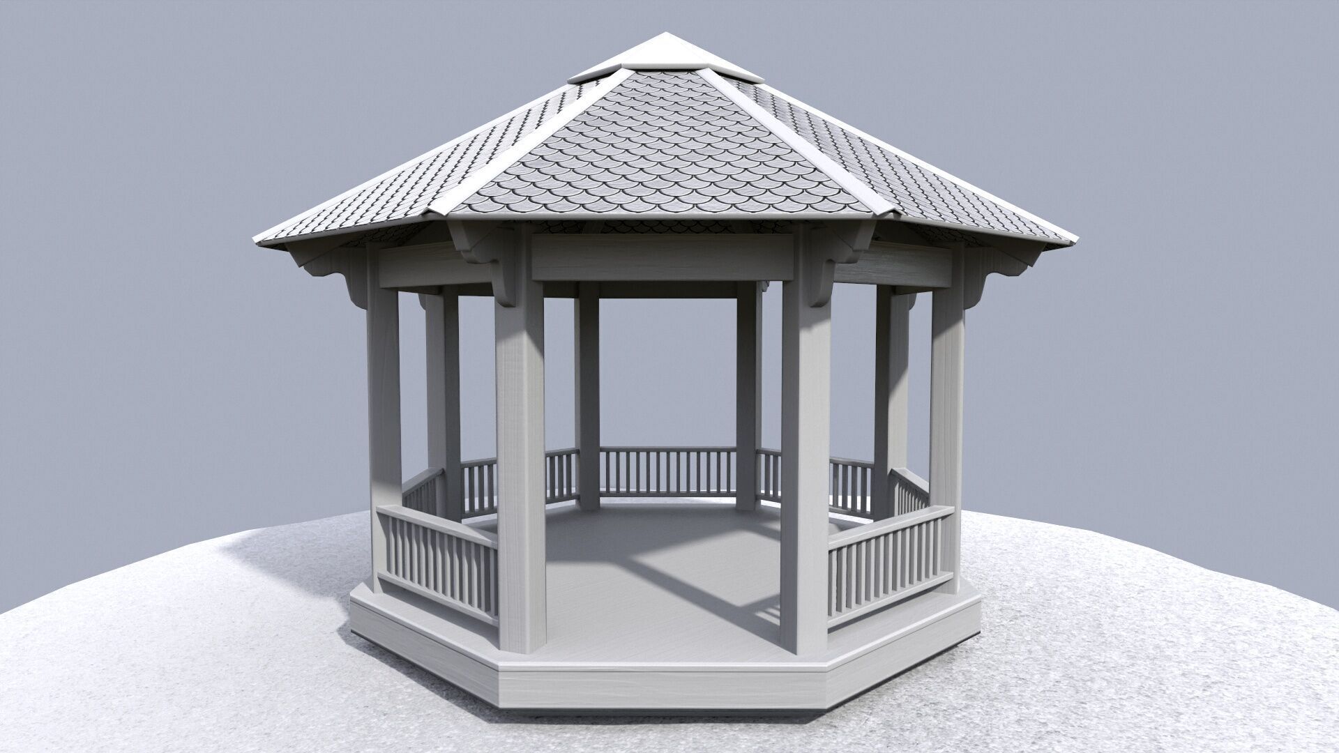 Wooden octagon gazebo house in garden Low-poly 3D model_10