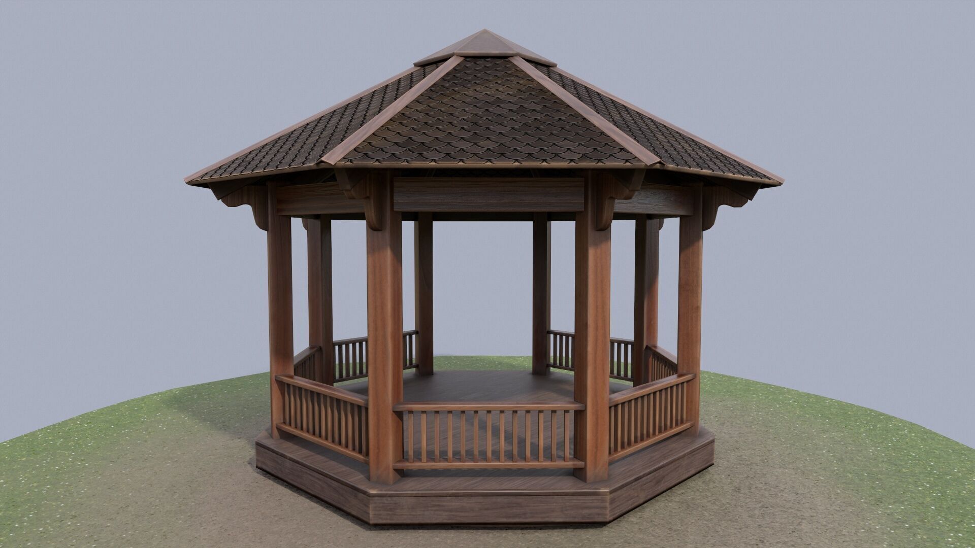 Wooden octagon gazebo house in garden Low-poly 3D model_3