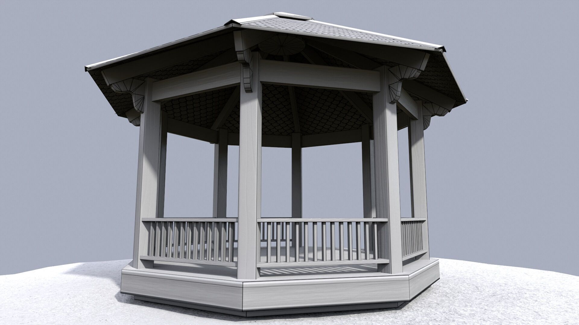 Wooden octagon gazebo house in garden Low-poly 3D model_21