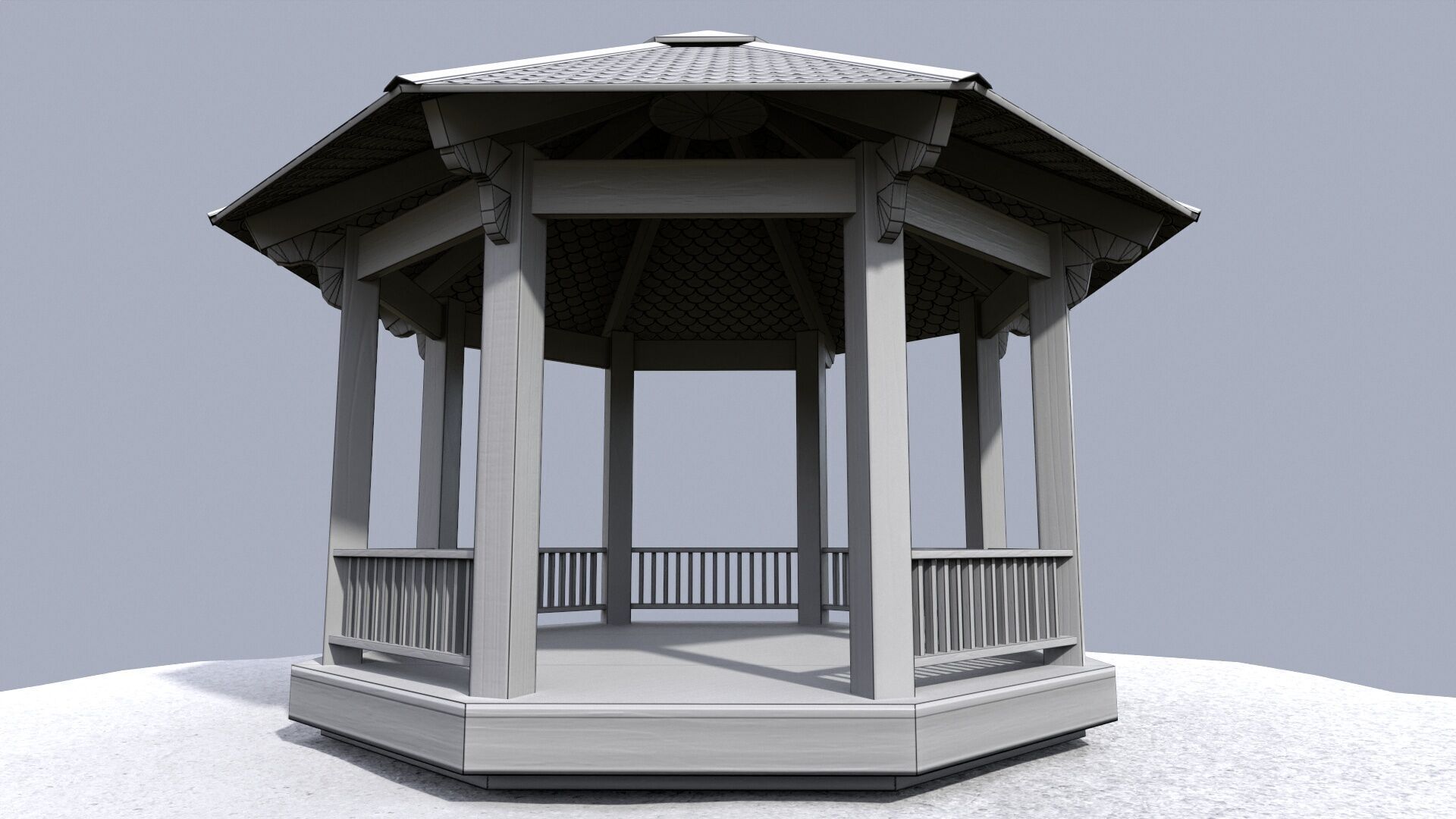 Wooden octagon gazebo house in garden Low-poly 3D model_22