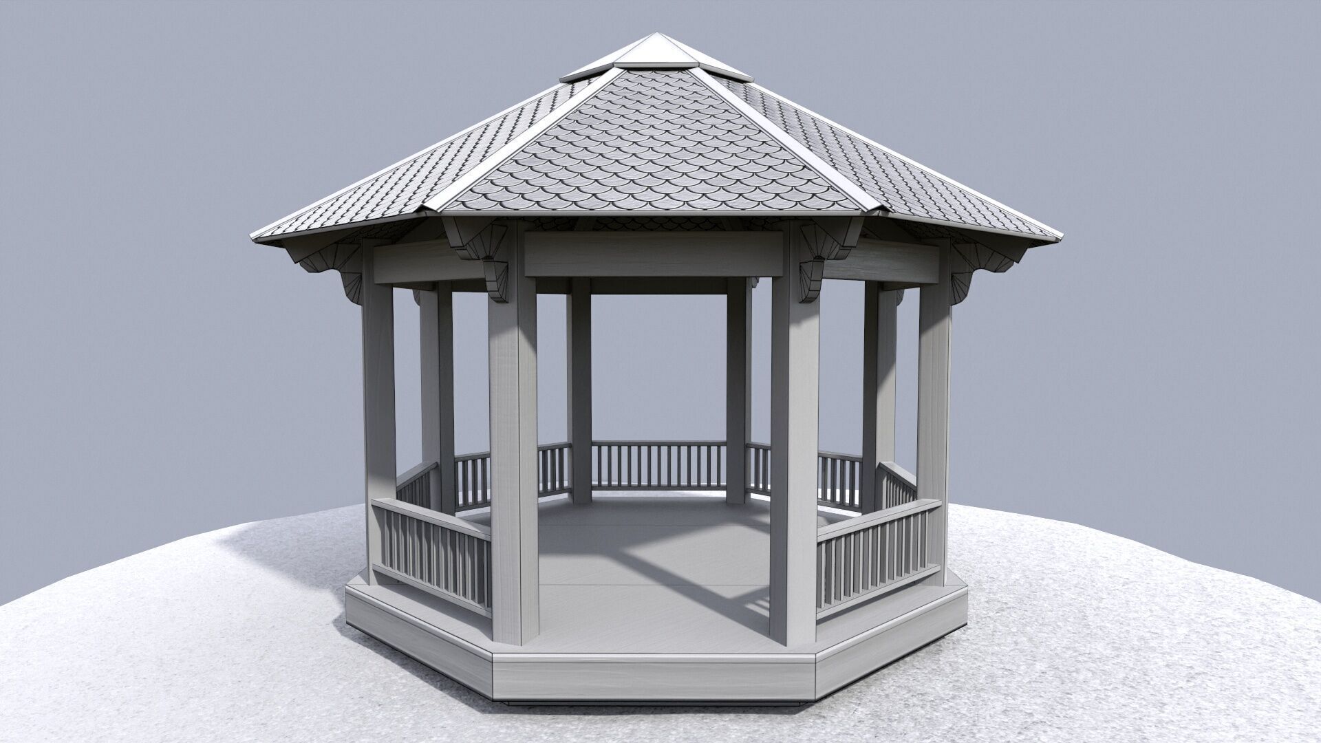 Wooden octagon gazebo house in garden Low-poly 3D model_20