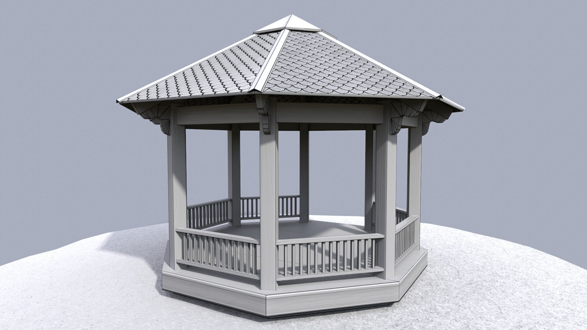 Wooden octagon gazebo house in garden Low-poly 3D model_18