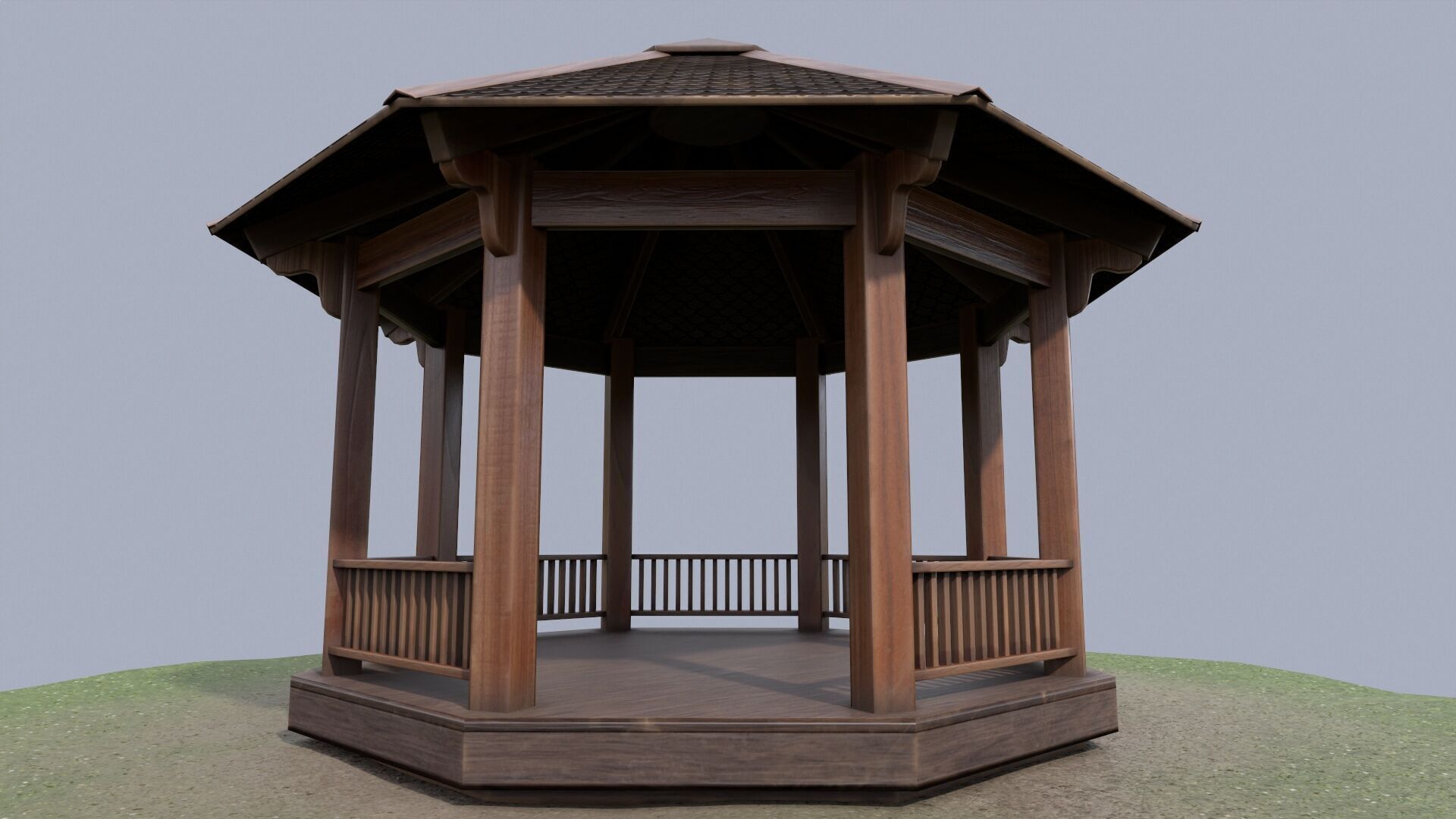 Wooden octagon gazebo house in garden Low-poly 3D model_4