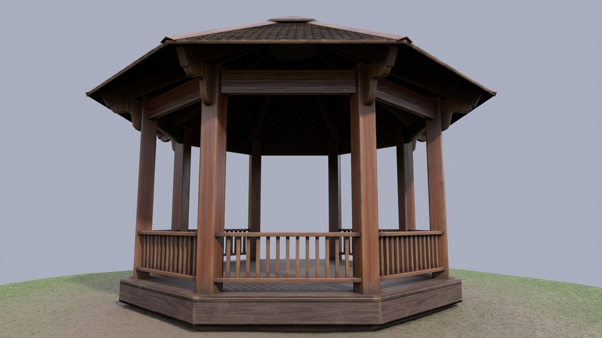 Wooden octagon gazebo house in garden Low-poly 3D model_6