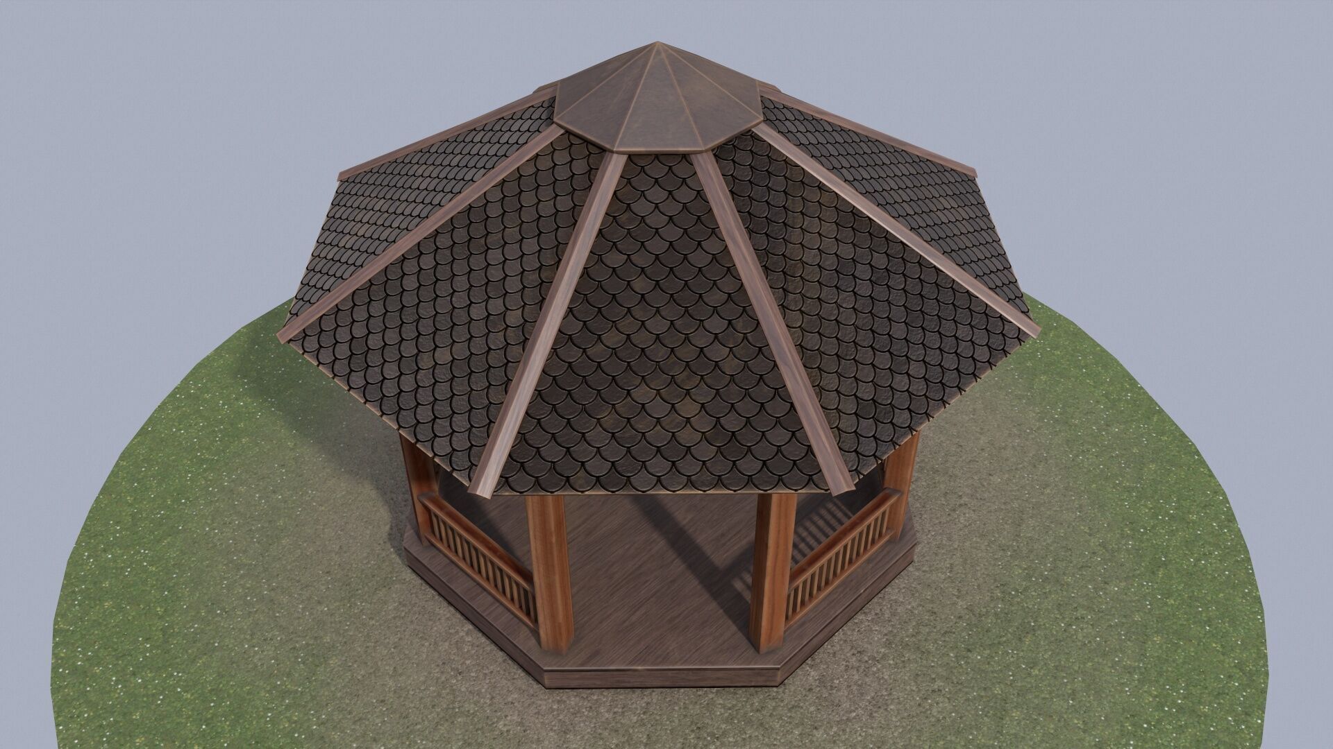 Wooden octagon gazebo house in garden Low-poly 3D model_7