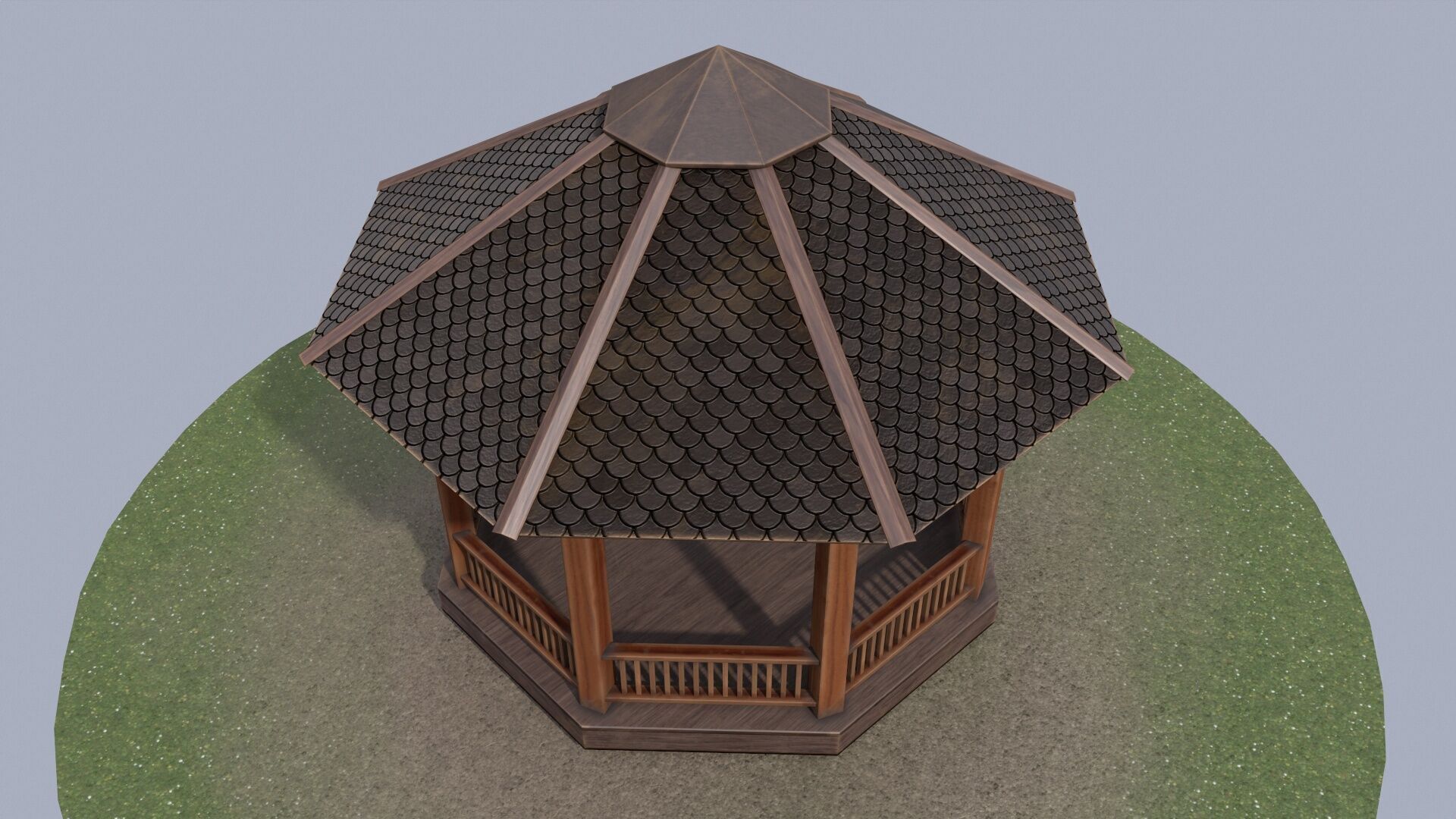 Wooden octagon gazebo house in garden Low-poly 3D model_9