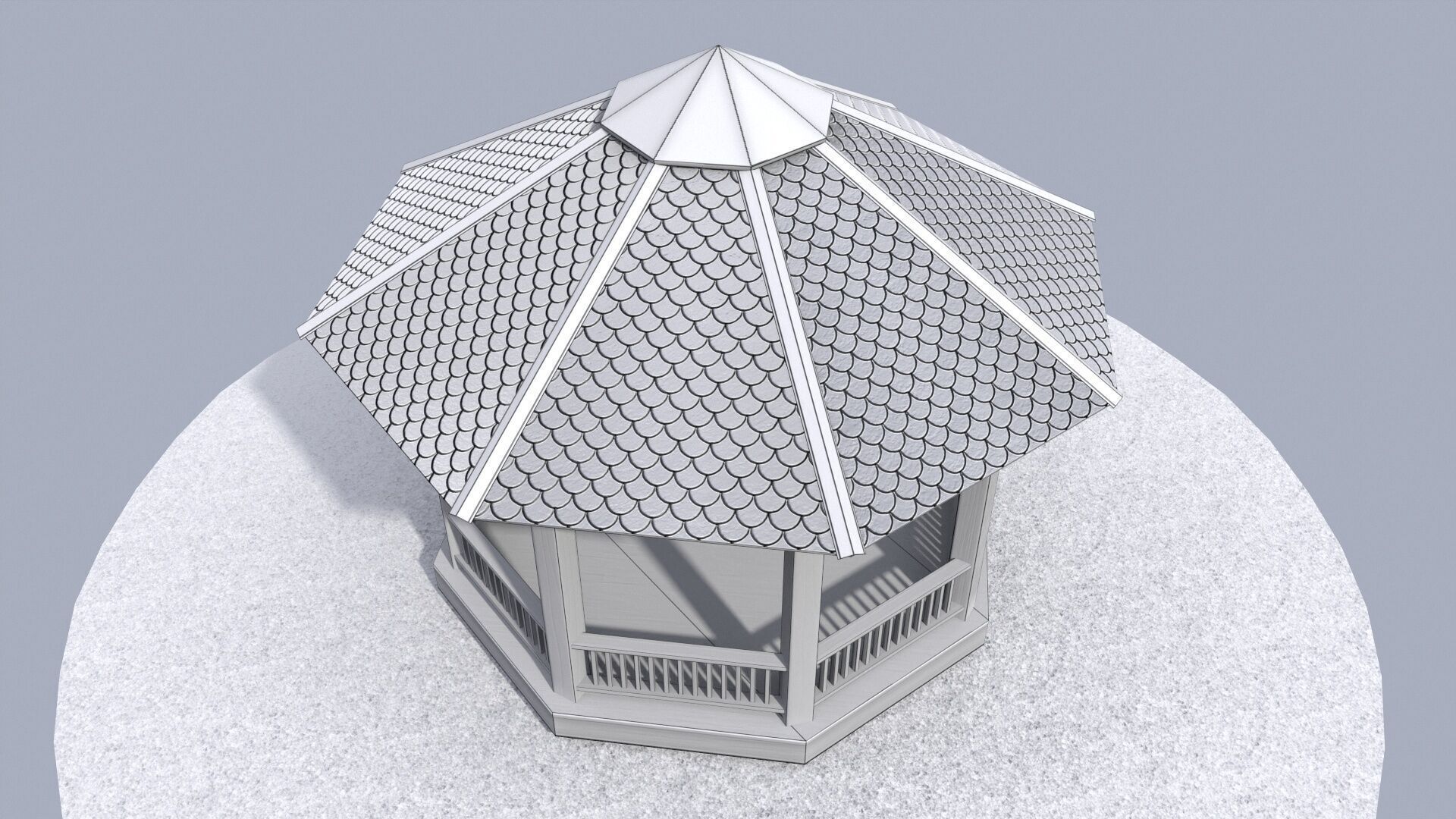 Wooden octagon gazebo house in garden Low-poly 3D model_24