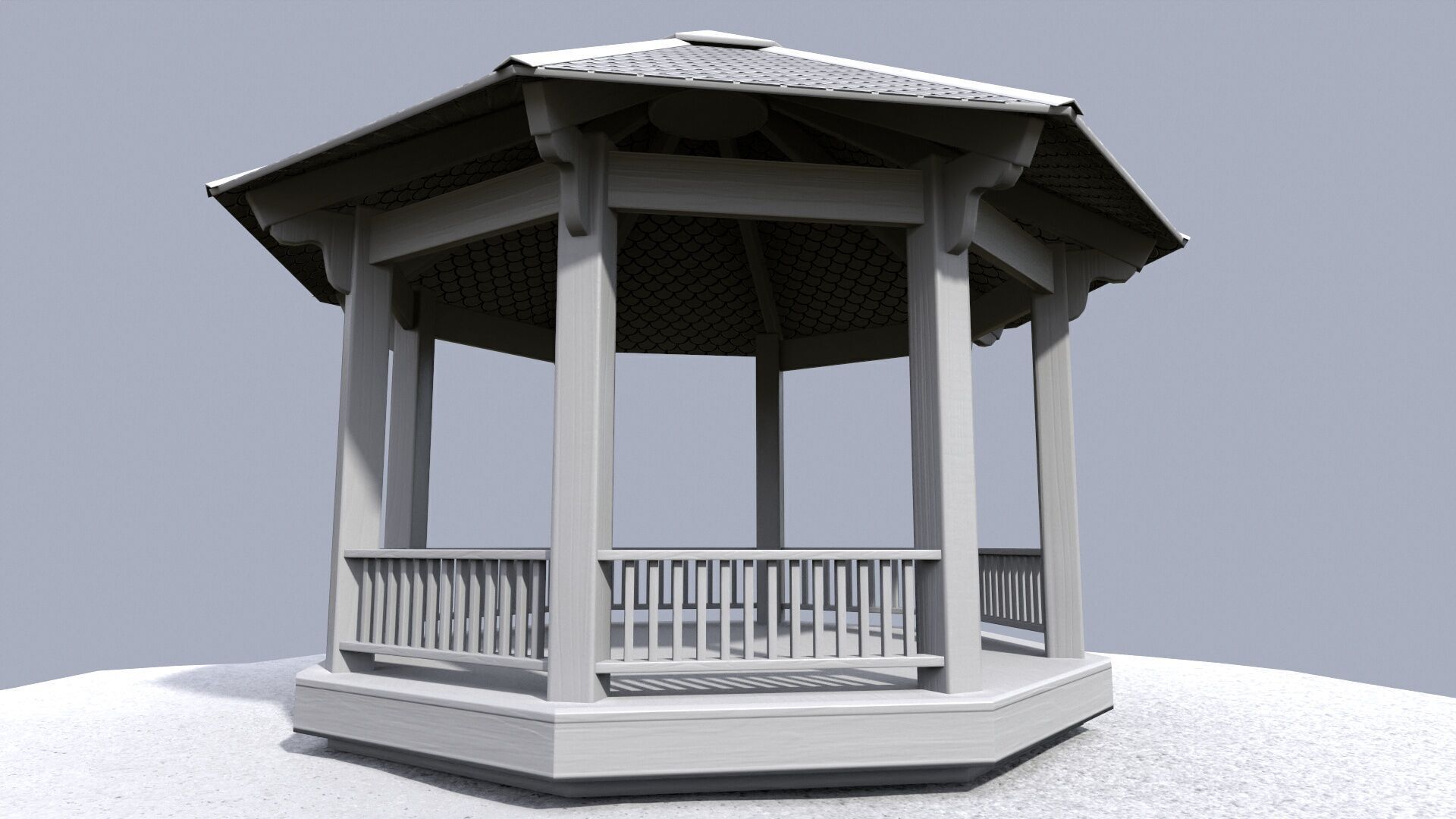 Wooden octagon gazebo house in garden Low-poly 3D model_14
