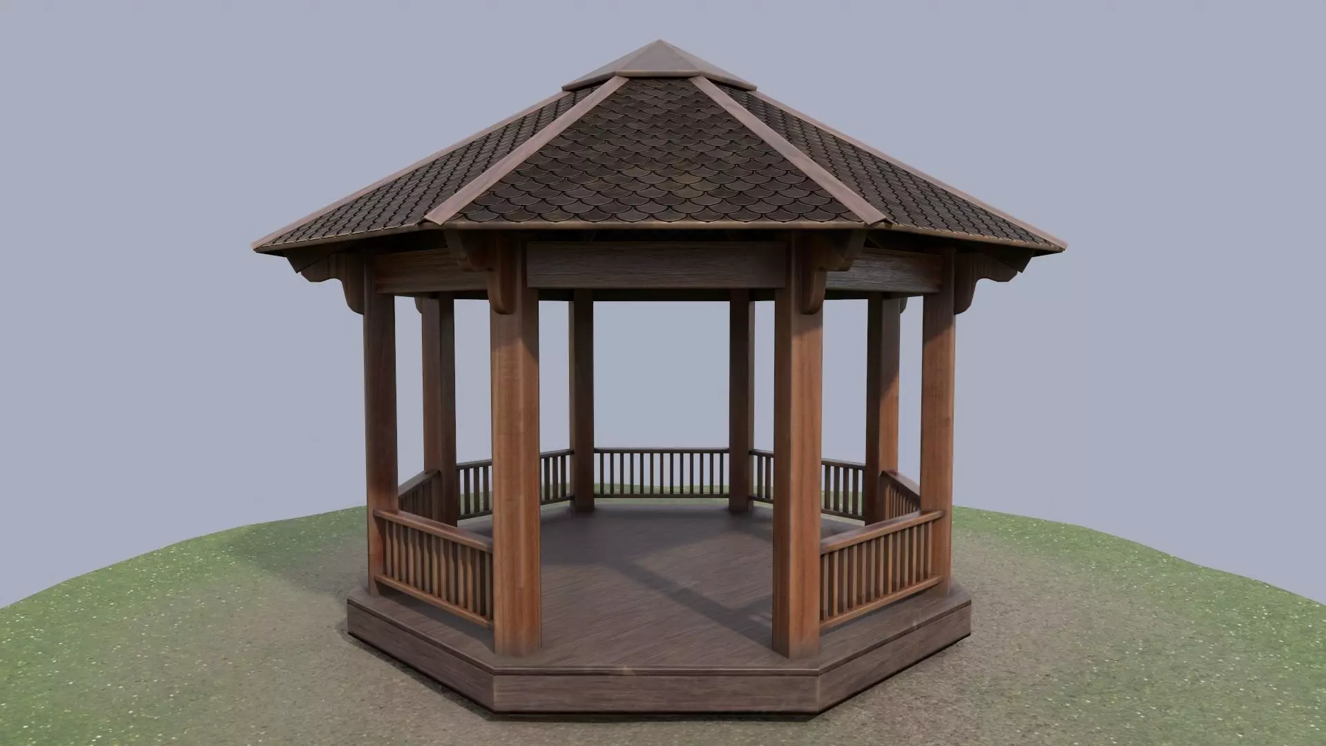 Wooden octagon gazebo house in garden Low-poly 3D model_0