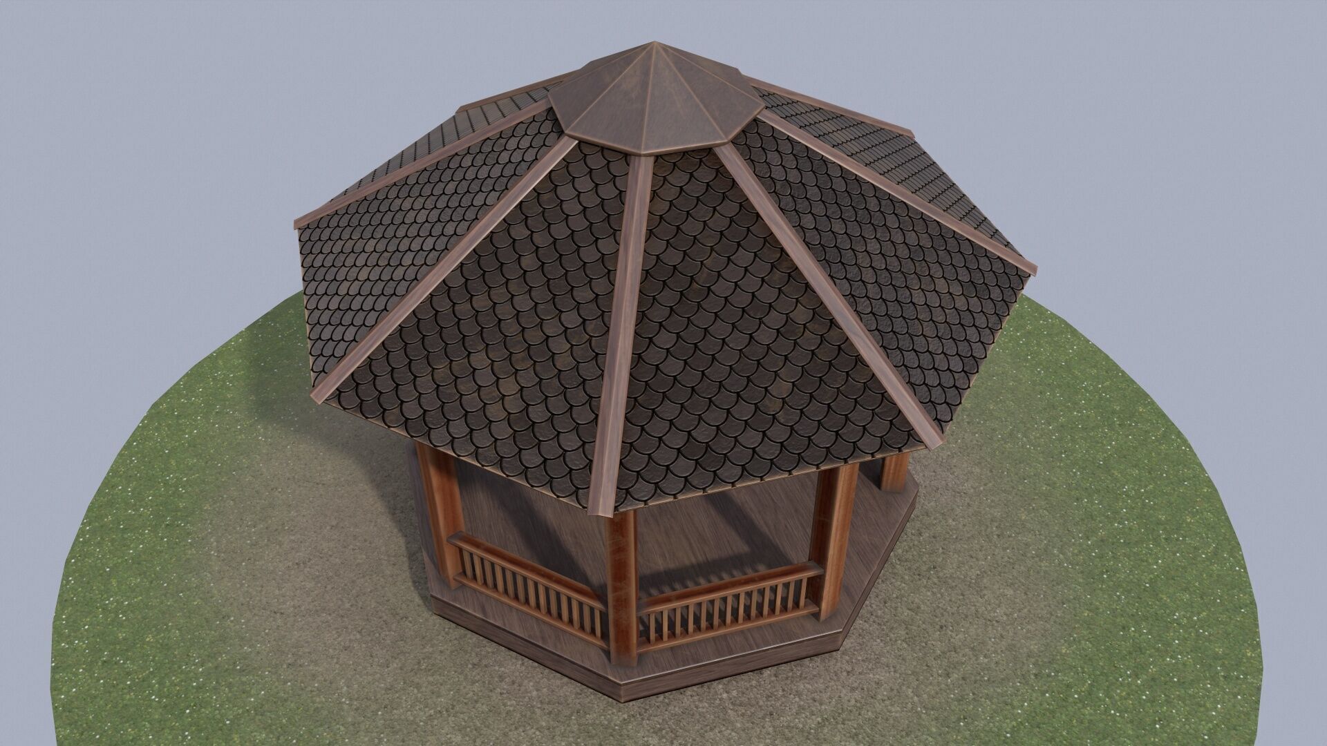 Wooden octagon gazebo house in garden Low-poly 3D model_8
