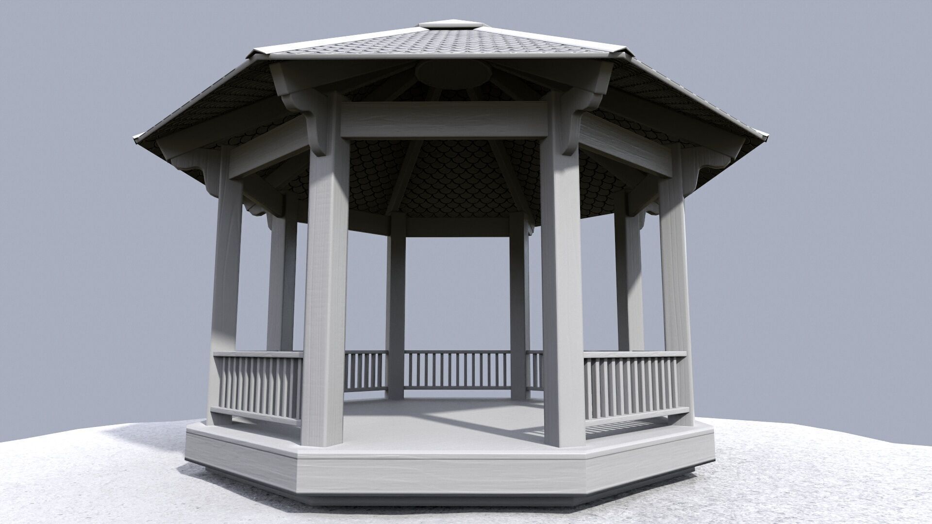 Wooden octagon gazebo house in garden Low-poly 3D model_13